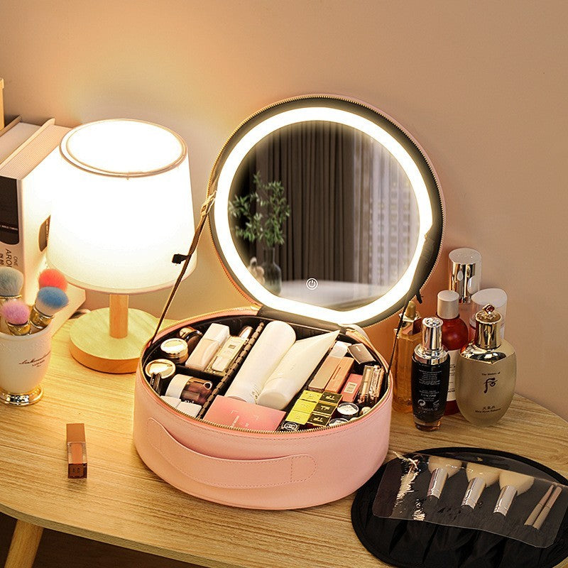 Round Smart LED Makeup Bag With Mirror Lights.