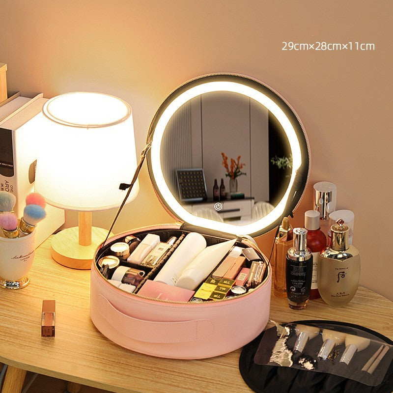 Round Smart LED Makeup Bag With Mirror Lights.