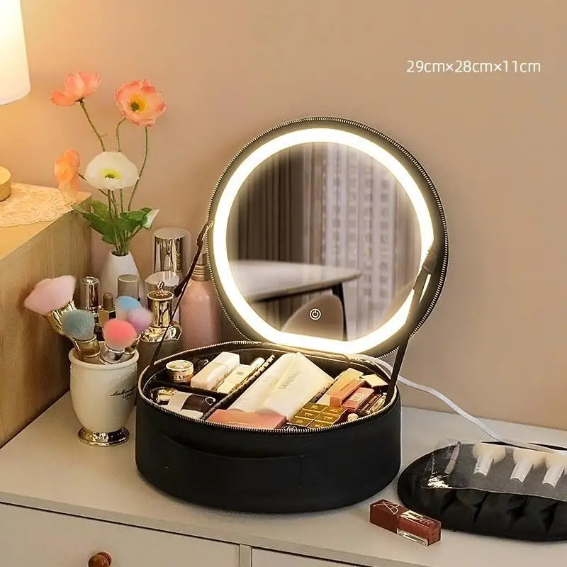 Round Smart LED Makeup Bag With Mirror Lights.