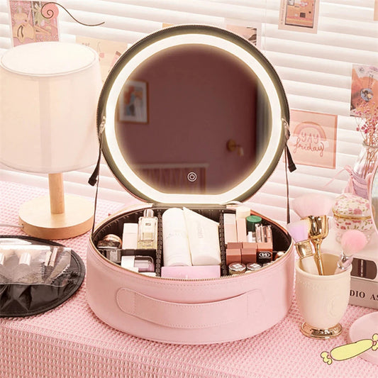 Round Smart LED Makeup Bag With Mirror Lights.