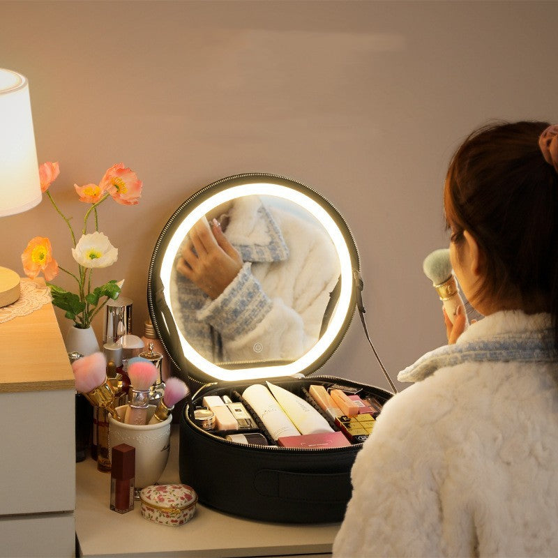 Round Smart LED Makeup Bag With Mirror Lights.