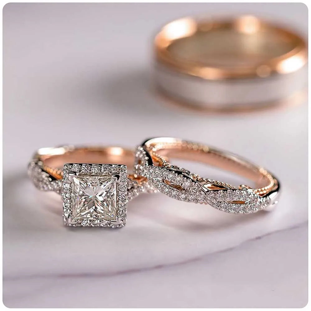 Farah Huitan Luxury Princess Cut Cubic Zircon Bridal Marriage Set Rings