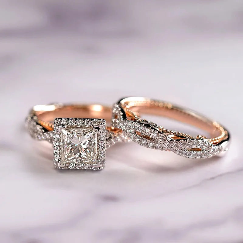 Farah Huitan Luxury Princess Cut Cubic Zircon Bridal Marriage Set Rings