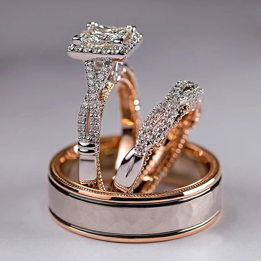 Farah Huitan Luxury Princess Cut Cubic Zircon Bridal Marriage Set Rings