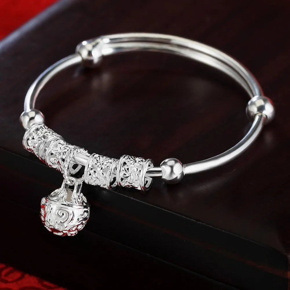 Elvera 925 Sterling Silver hollow Bells ball bangles adjustable Bracelets