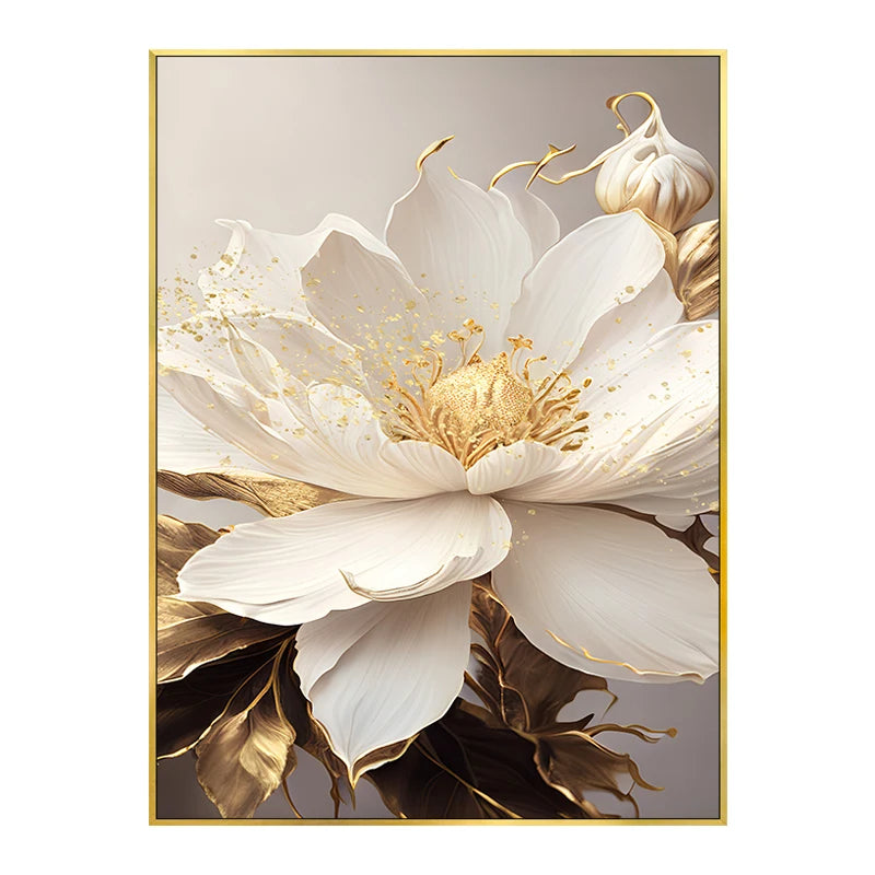 Gold Leaf White Flowers Modern Canvas Decorative Posters: Canvas Wall Art Picture Printing-No Frame