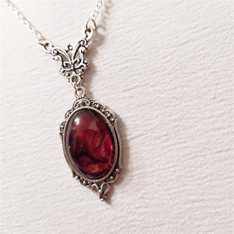 Gothic Vintage Red Quartz Crystal Necklace Butterfly Necklace Vampire Embossed