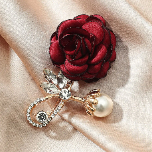 High-quality Red Rose Cloth Flowers Imitation Pearl Crystal Brooch