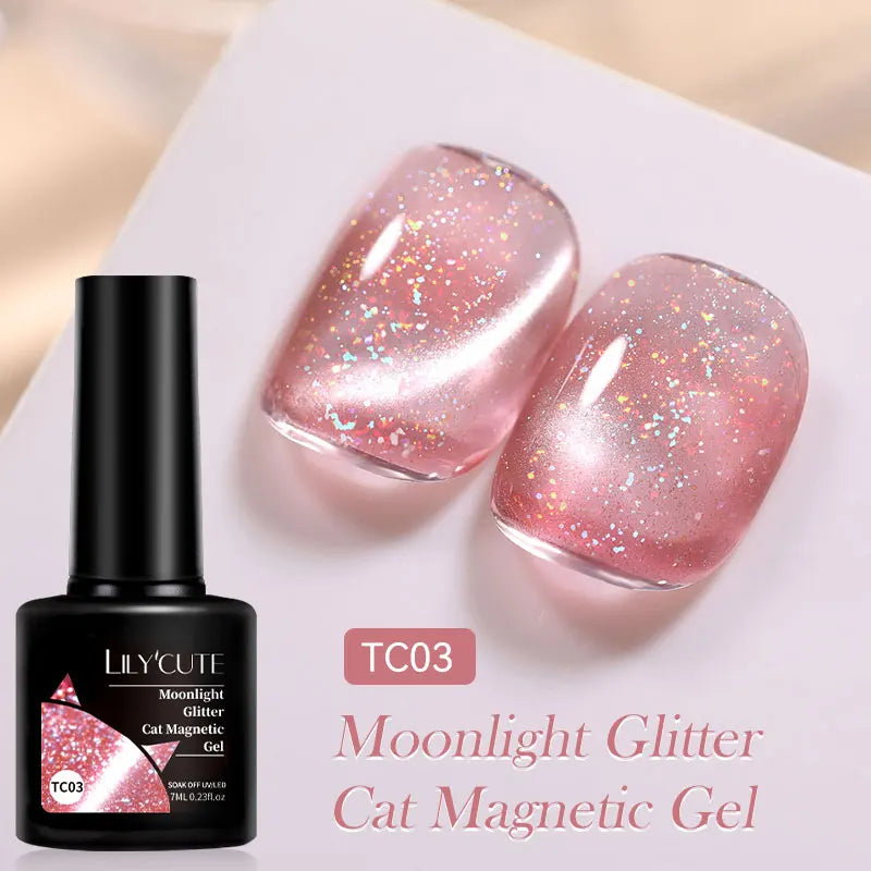 LILYCUTE 7ML 3 IN 1 Platinum Rose Gold Cat Magnetic Gel Nail Polish Moonlight Magnetic Gel Varnish Glitter Semi Permanent UV Gel