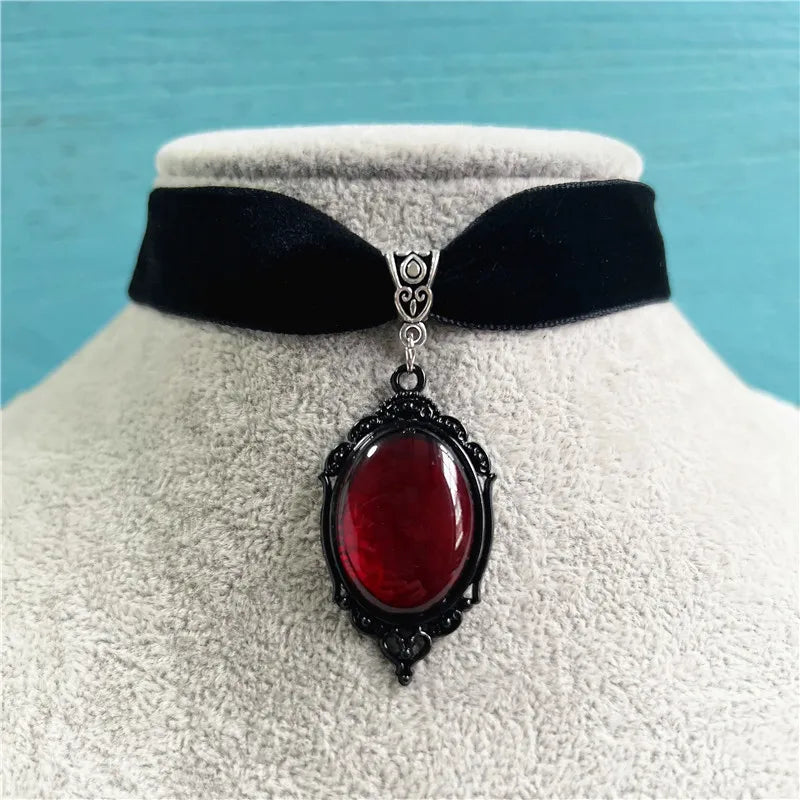 Gothic Vintage Red Quartz Crystal Necklace Butterfly Necklace Vampire Embossed