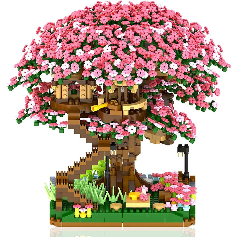 Mini Sakura Tree Building Blocks Set Diy Cherry Blossom Bricks with Light Treehouse Model Ornament Romantic Gift for Girlfriend