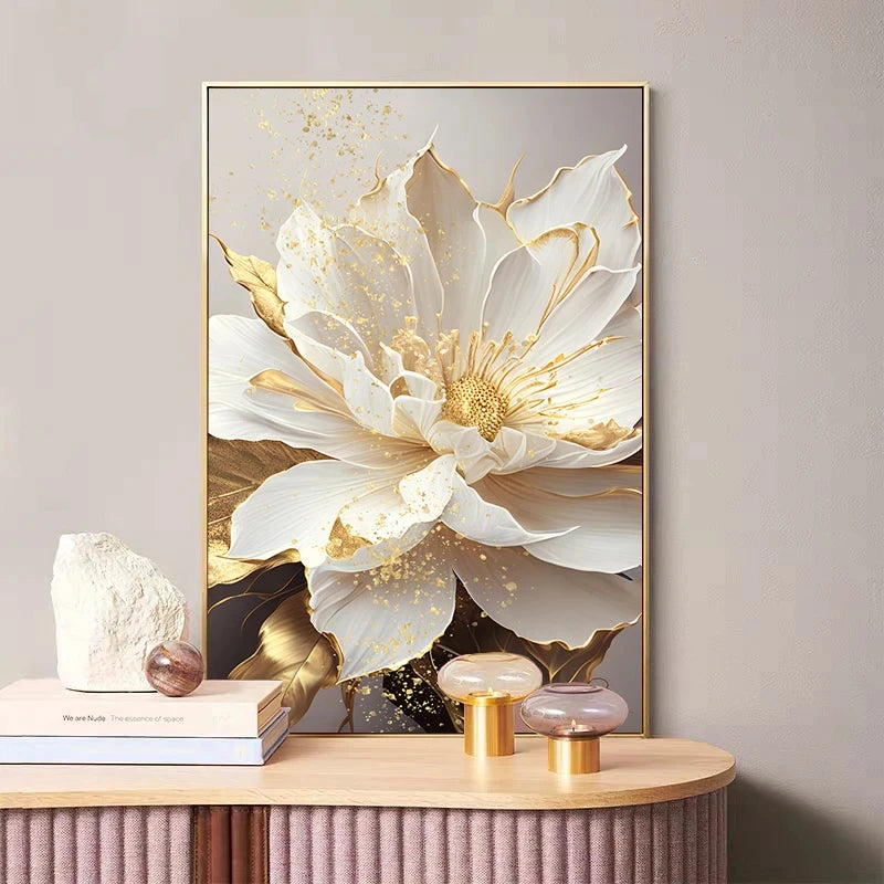 Gold Leaf White Flowers Modern Canvas Decorative Posters: Canvas Wall Art Picture Printing-No Frame