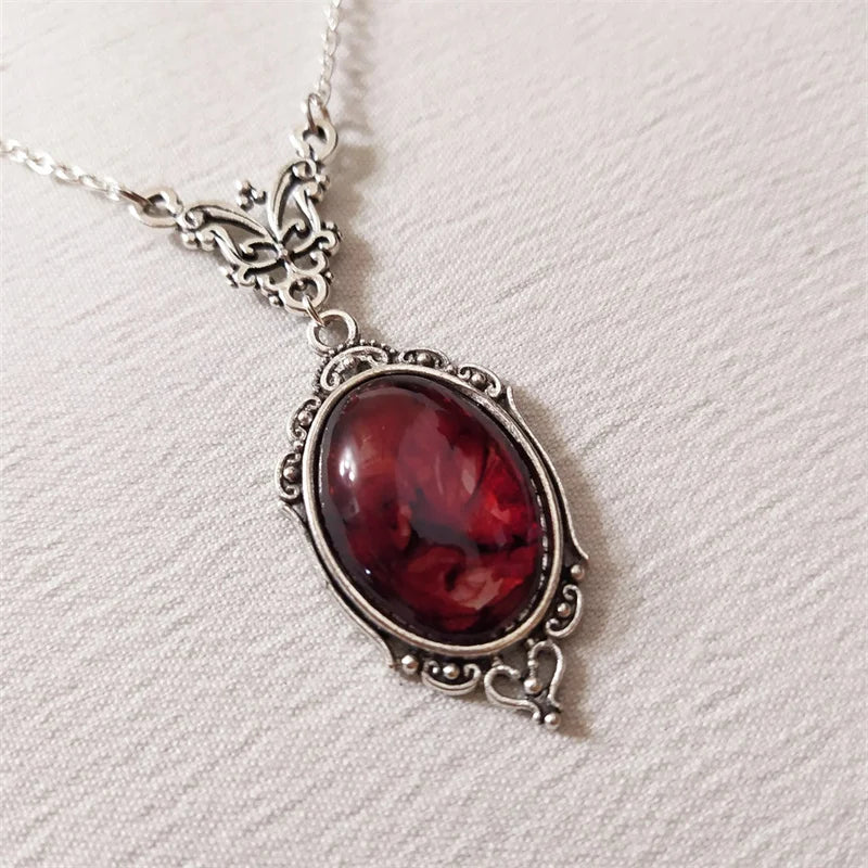 Gothic Vintage Red Quartz Crystal Necklace Butterfly Necklace Vampire Embossed