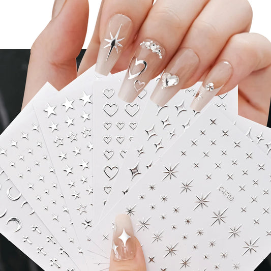 6 Sheets Metal Silver Nail Stickers Metallic 3D Star Nail Art Stickers Decals Self-Adhesive Nail Art Stickers Metal Chain Heart