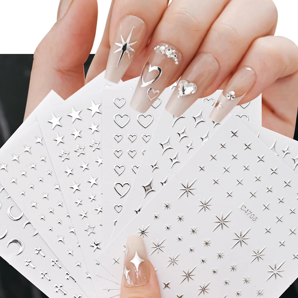 6 Sheets Metal Silver Nail Stickers Metallic 3D Star Nail Art Stickers Decals Self-Adhesive Nail Art Stickers Metal Chain Heart