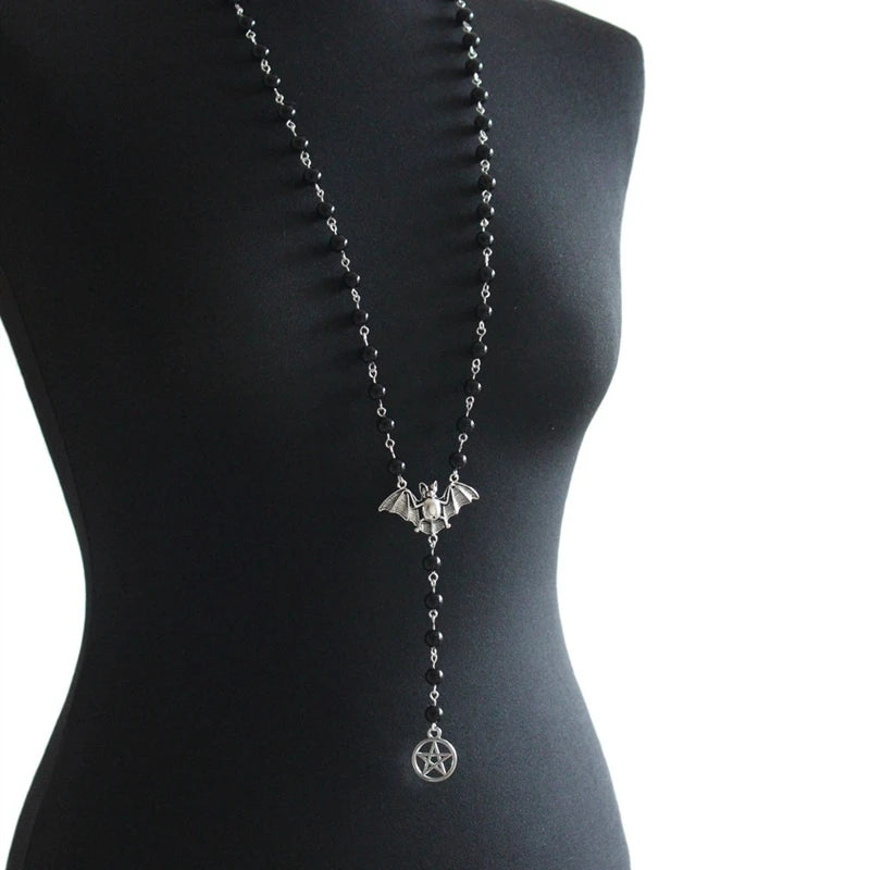 Black Rosary Necklace, Gothic Bat Pendant Necklace, Bat Five Pointed Star Necklace