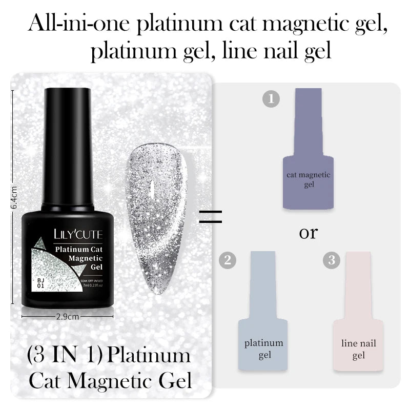 LILYCUTE 7ML 3 IN 1 Platinum Rose Gold Cat Magnetic Gel Nail Polish Moonlight Magnetic Gel Varnish Glitter Semi Permanent UV Gel