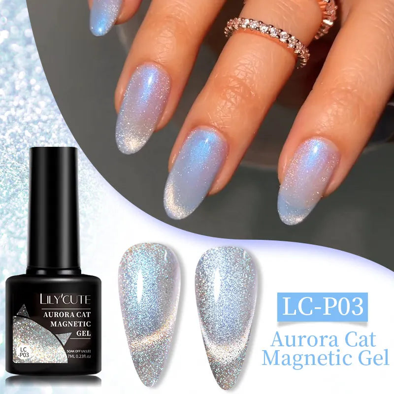 LILYCUTE 7ML 3 IN 1 Platinum Rose Gold Cat Magnetic Gel Nail Polish Moonlight Magnetic Gel Varnish Glitter Semi Permanent UV Gel