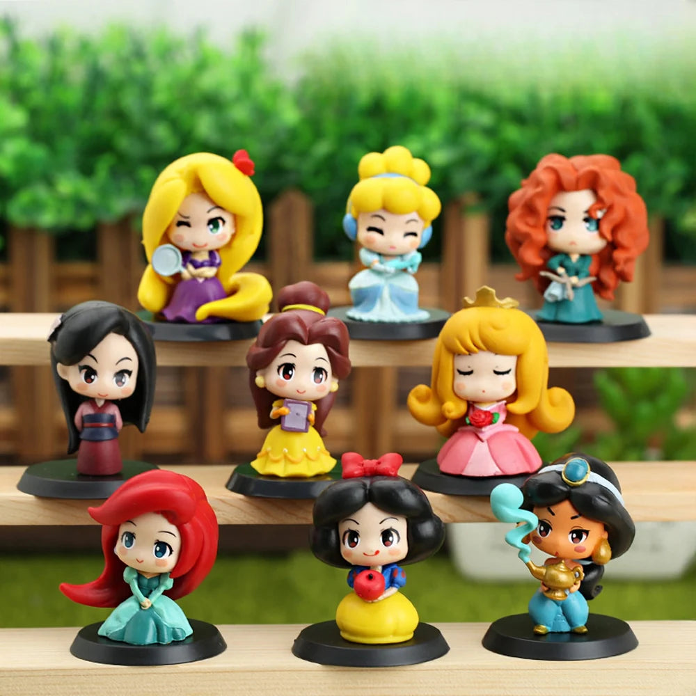 9 Pcs/Set Kawaii Q Princess 6cm Rapunzel Snow White Jasmine Mulan Ariel PVC Figurine Cake Ornaments Toys Kid Gift