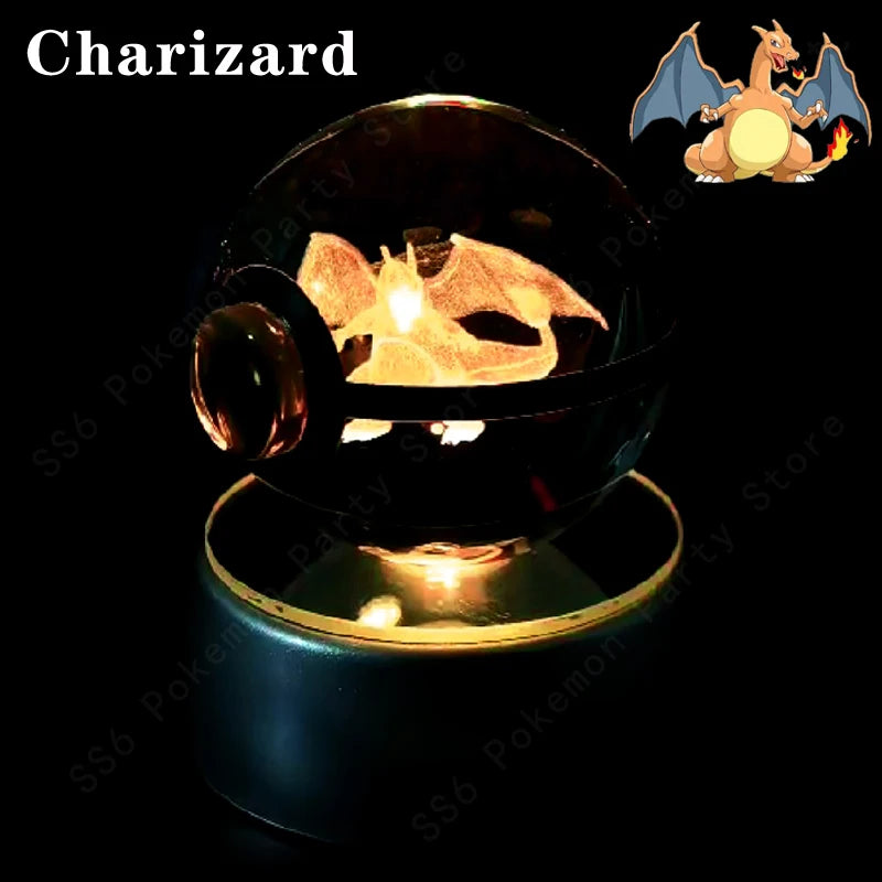 Pokemon Crystal Ball 3D Pikachu Gengar Mew Mewtwo Lamp Base Pokeball Crystal Pokemon Glass Ball Figure Night Light Birthday Gift