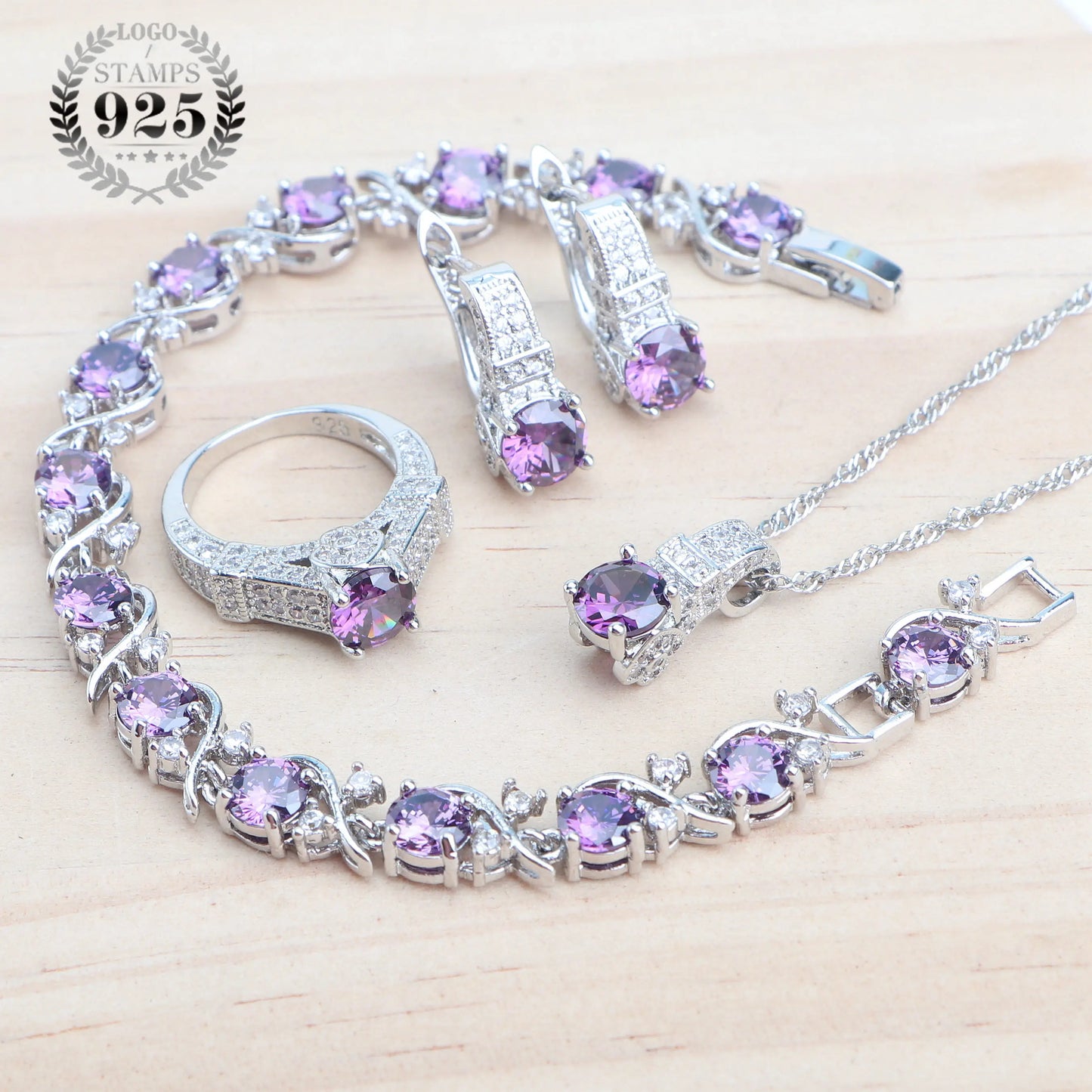 Pasquelina 925 Sterling Silver Jewelry Sets Purple Zircon Earrings Bracelets Set Rings Pendant Necklace