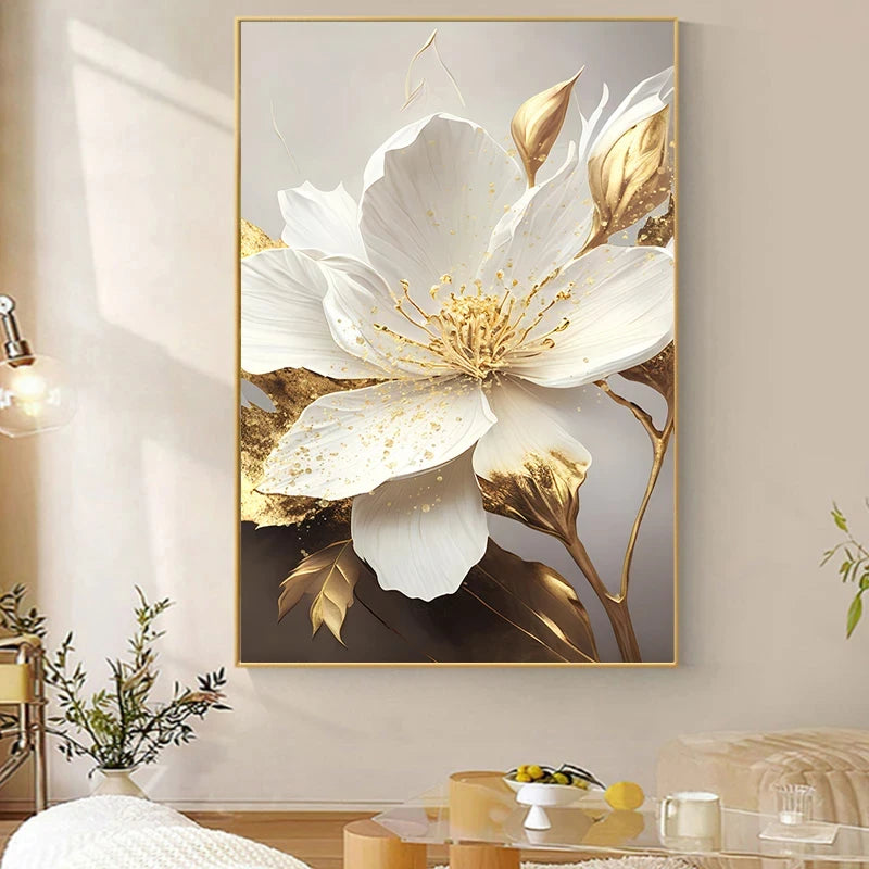 Gold Leaf White Flowers Modern Canvas Decorative Posters: Canvas Wall Art Picture Printing-No Frame