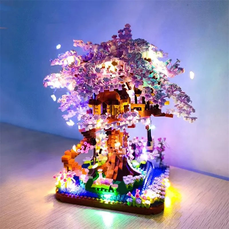 Mini Sakura Tree Building Blocks Set Diy Cherry Blossom Bricks with Light Treehouse Model Ornament Romantic Gift for Girlfriend