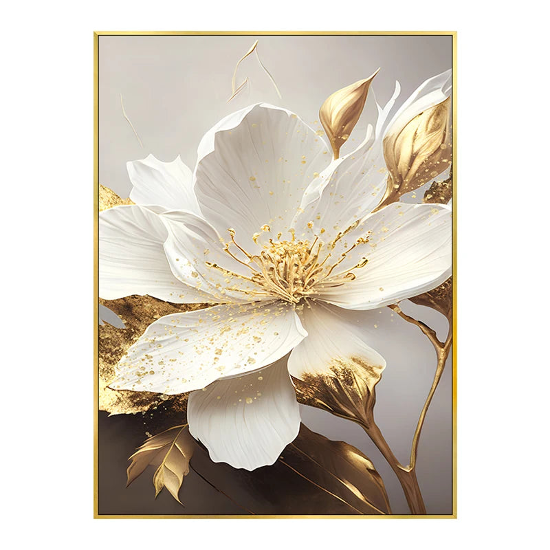 Gold Leaf White Flowers Modern Canvas Decorative Posters: Canvas Wall Art Picture Printing-No Frame