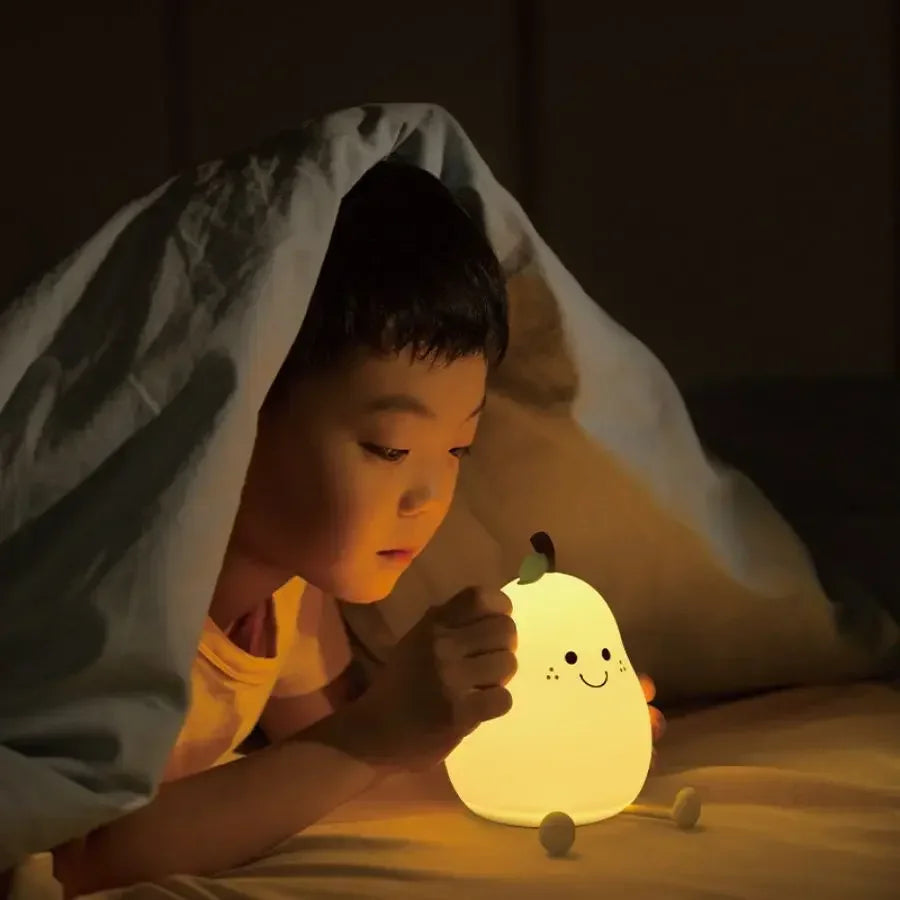 LED Pear Fruit Silicone Night Light 7 Colors Dimming Touch USB Rechargeable Cartoon Bedside Lamp Bedroom Decor Cute Kid Gift