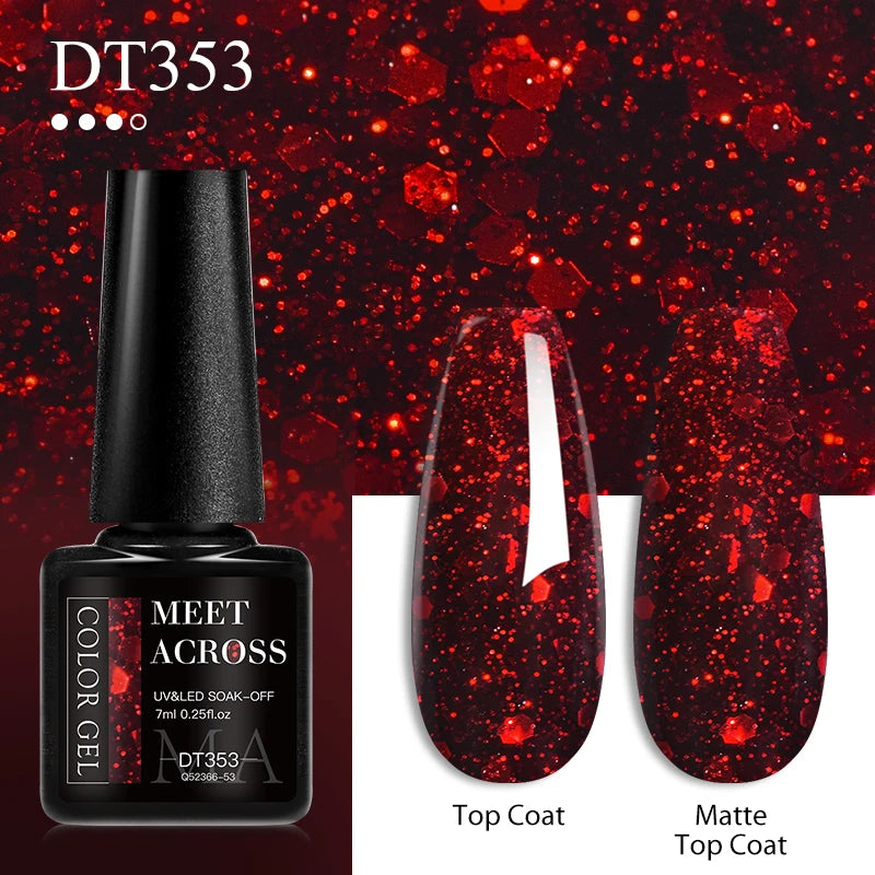 MEET ACROSS 7ml Red Gel Nail Polish Crystal Semi Permanent Soak Off UV Gel Varnish Nail Art Manicure Base Matte Top Coat Vernis