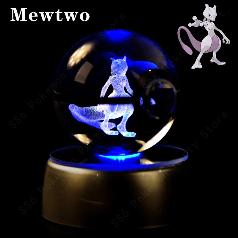 Pokemon Crystal Ball 3D Pikachu Gengar Mew Mewtwo Lamp Base Pokeball Crystal Pokemon Glass Ball Figure Night Light Birthday Gift