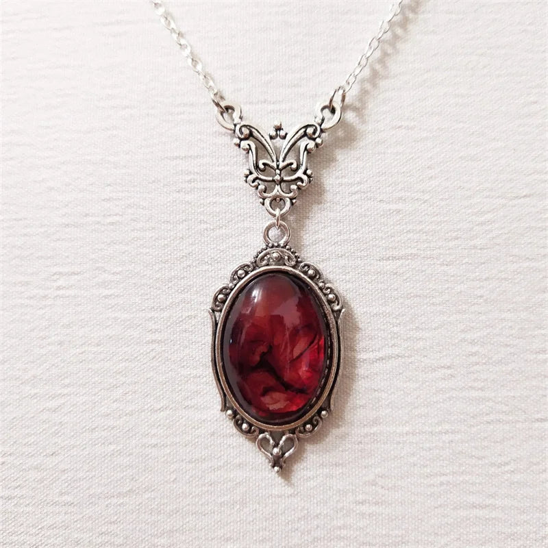 Gothic Vintage Red Quartz Crystal Necklace Butterfly Necklace Vampire Embossed