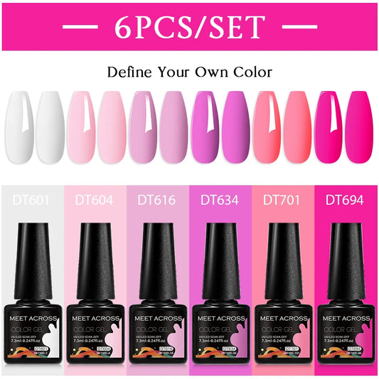 MEET ACROSS 6Pcs/Set 7.3ml Sparkly Red Pink Gel Nail Polish Glitter Semi Permanent Nail Art LED UV Gel Varnish Nail Supplies