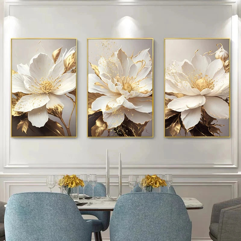 Gold Leaf White Flowers Modern Canvas Decorative Posters: Canvas Wall Art Picture Printing-No Frame