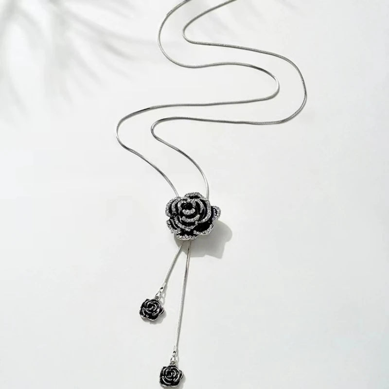 Asmi Black Rose Flower Long Necklace - TIA ART HOUSE