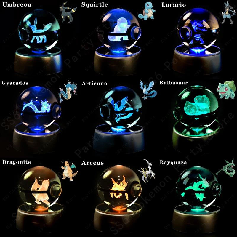 Pokemon Crystal Ball 3D Pikachu Gengar Mew Mewtwo Lamp Base Pokeball Crystal Pokemon Glass Ball Figure Night Light Birthday Gift