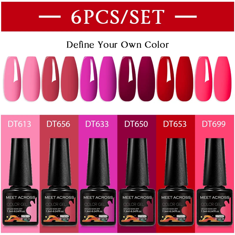 MEET ACROSS 6Pcs/Set 7.3ml Sparkly Red Pink Gel Nail Polish Glitter Semi Permanent Nail Art LED UV Gel Varnish Nail Supplies