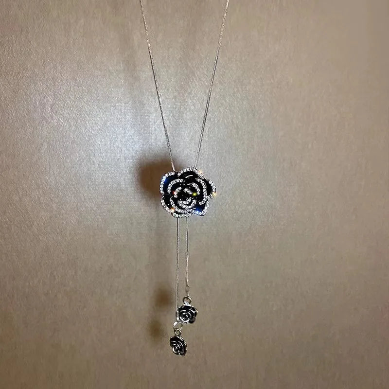 Asmi Black Rose Flower Long Necklace - TIA ART HOUSE