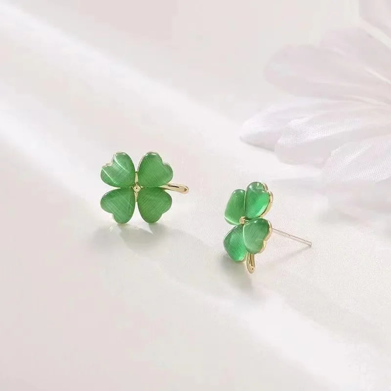 Marja four-leaf Clover Cat's eye stone earrings small exquisite earrings temperament