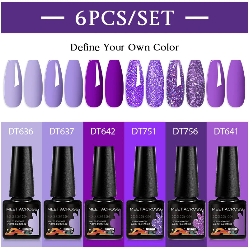 MEET ACROSS 6Pcs/Set 7.3ml Sparkly Red Pink Gel Nail Polish Glitter Semi Permanent Nail Art LED UV Gel Varnish Nail Supplies