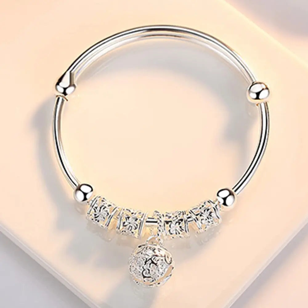 Elvera 925 Sterling Silver hollow Bells ball bangles adjustable Bracelets