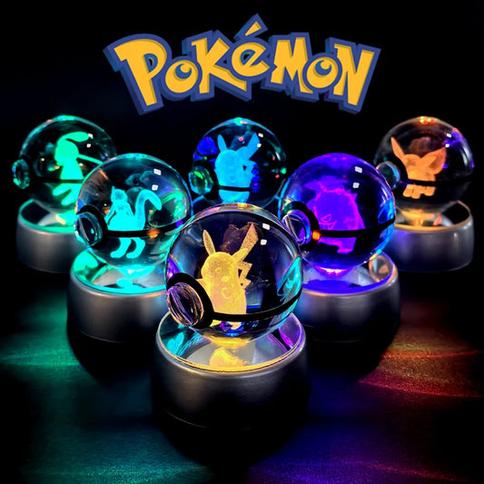 Pokemon Crystal Ball 3D Pikachu Gengar Mew Mewtwo Lamp Base Pokeball Crystal Pokemon Glass Ball Figure Night Light Birthday Gift