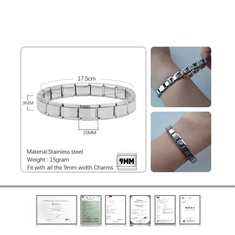 Amina 9mm Width Elastic Charm Bracelet Stainless Steel Bangle