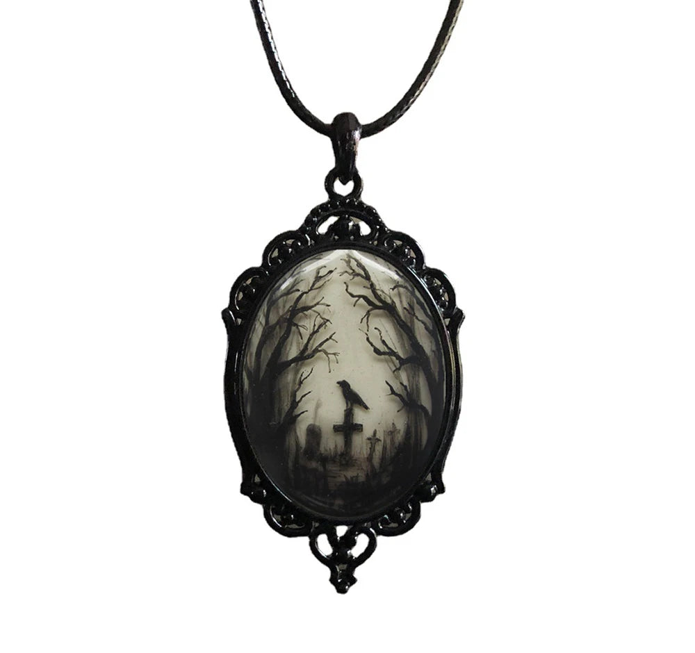 Gothic Crow Forest Charm Necklace Cross Crow Pendant Necklace Mystic