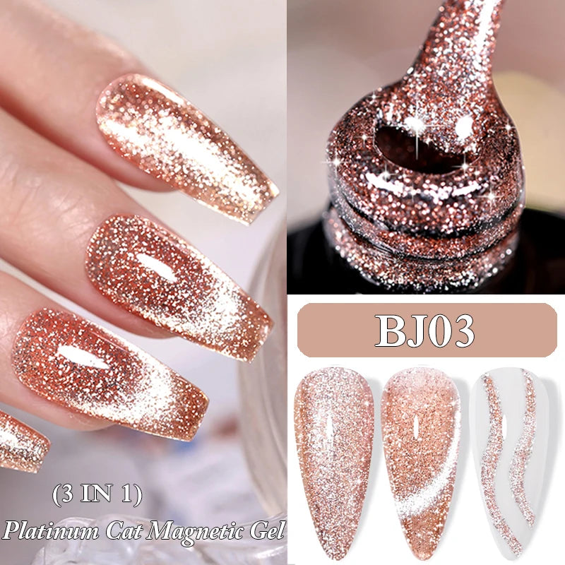 LILYCUTE 7ML 3 IN 1 Platinum Rose Gold Cat Magnetic Gel Nail Polish Moonlight Magnetic Gel Varnish Glitter Semi Permanent UV Gel