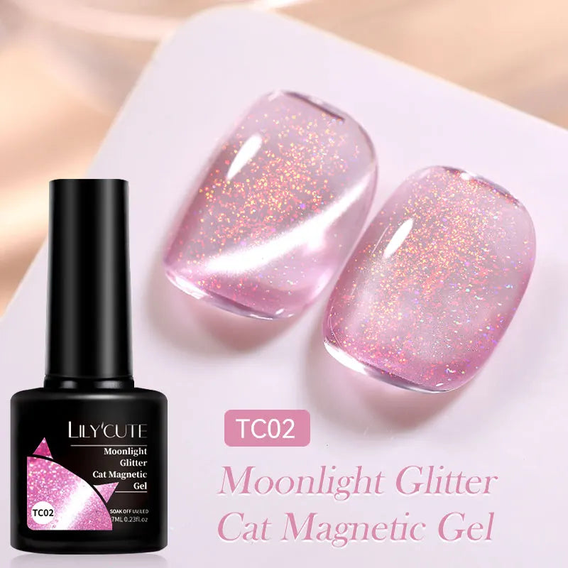 LILYCUTE 7ML 3 IN 1 Platinum Rose Gold Cat Magnetic Gel Nail Polish Moonlight Magnetic Gel Varnish Glitter Semi Permanent UV Gel