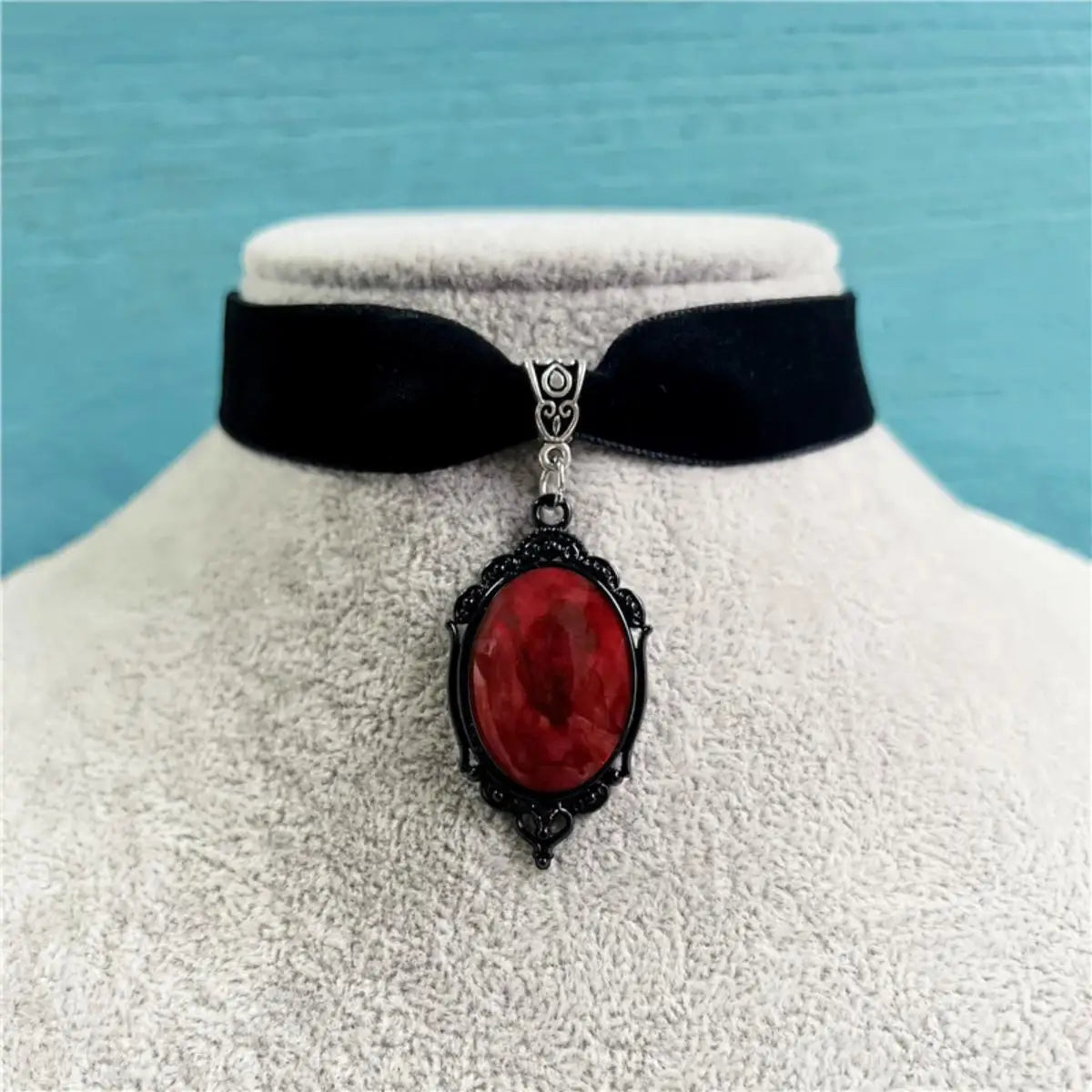 Gothic Vintage Red Quartz Crystal Necklace Butterfly Necklace Vampire Embossed