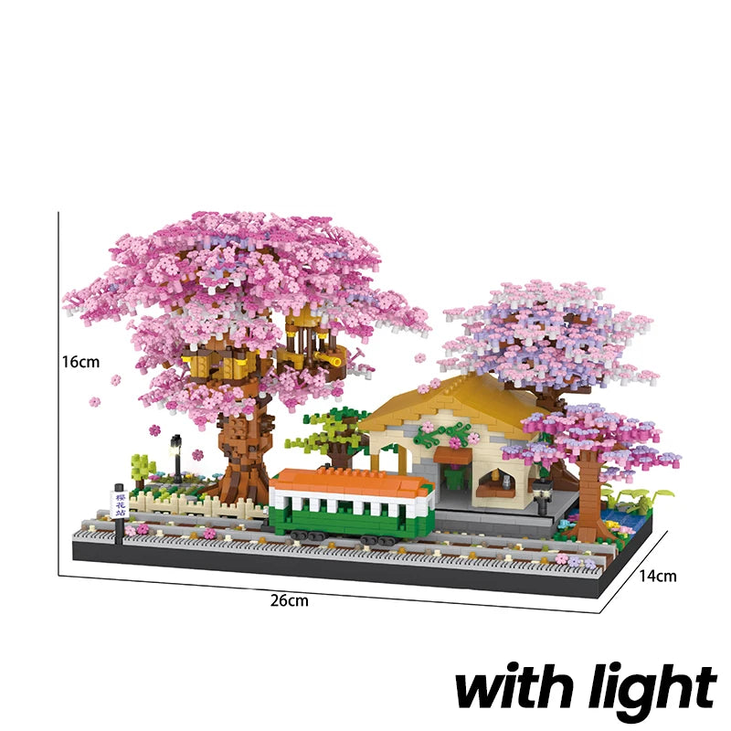 Mini Sakura Tree Building Blocks Set Diy Cherry Blossom Bricks with Light Treehouse Model Ornament Romantic Gift for Girlfriend