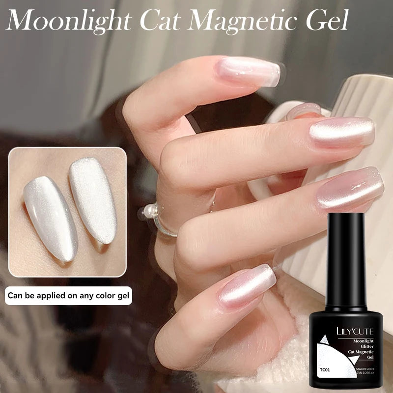 LILYCUTE 7ML 3 IN 1 Platinum Rose Gold Cat Magnetic Gel Nail Polish Moonlight Magnetic Gel Varnish Glitter Semi Permanent UV Gel