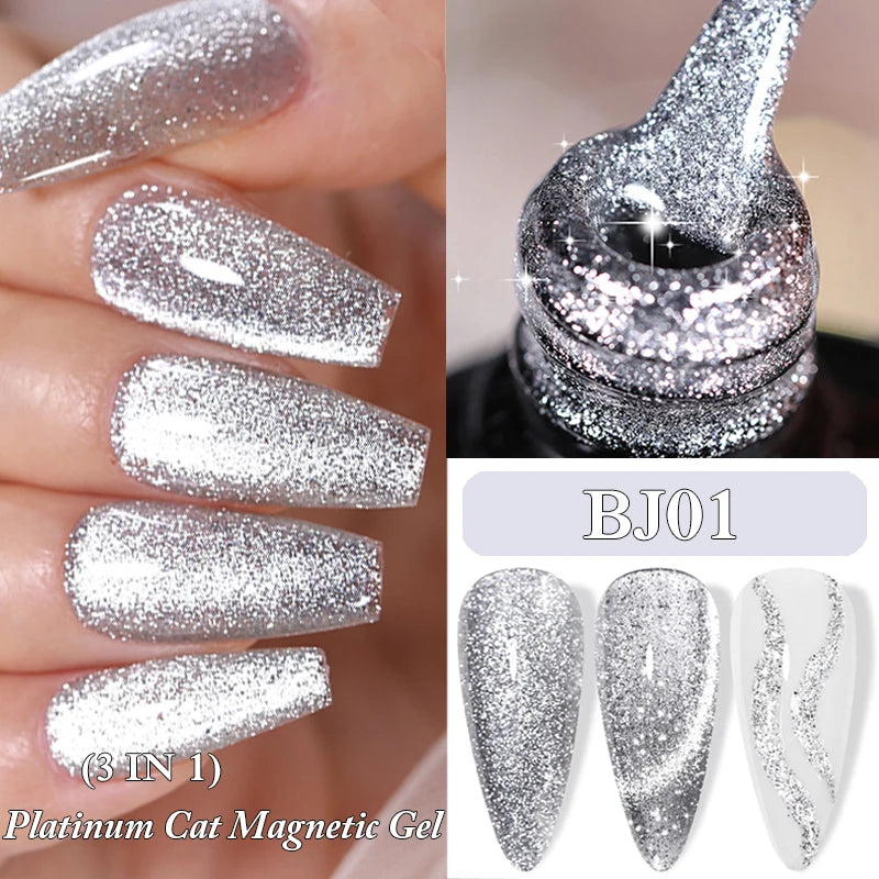 LILYCUTE 7ML 3 IN 1 Platinum Rose Gold Cat Magnetic Gel Nail Polish Moonlight Magnetic Gel Varnish Glitter Semi Permanent UV Gel